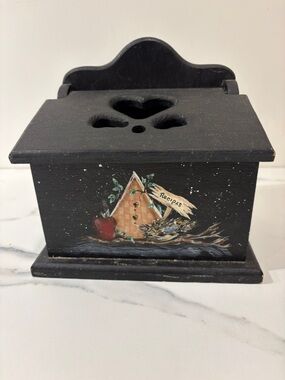 Recipe Box Toleware Hand Painted Vintage Black Birdhouse Eclectic Cottagecore